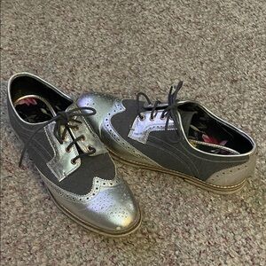 Ted baker Metallic Silver leather& Gray flannel Wingtip lace up Oxford Shoes